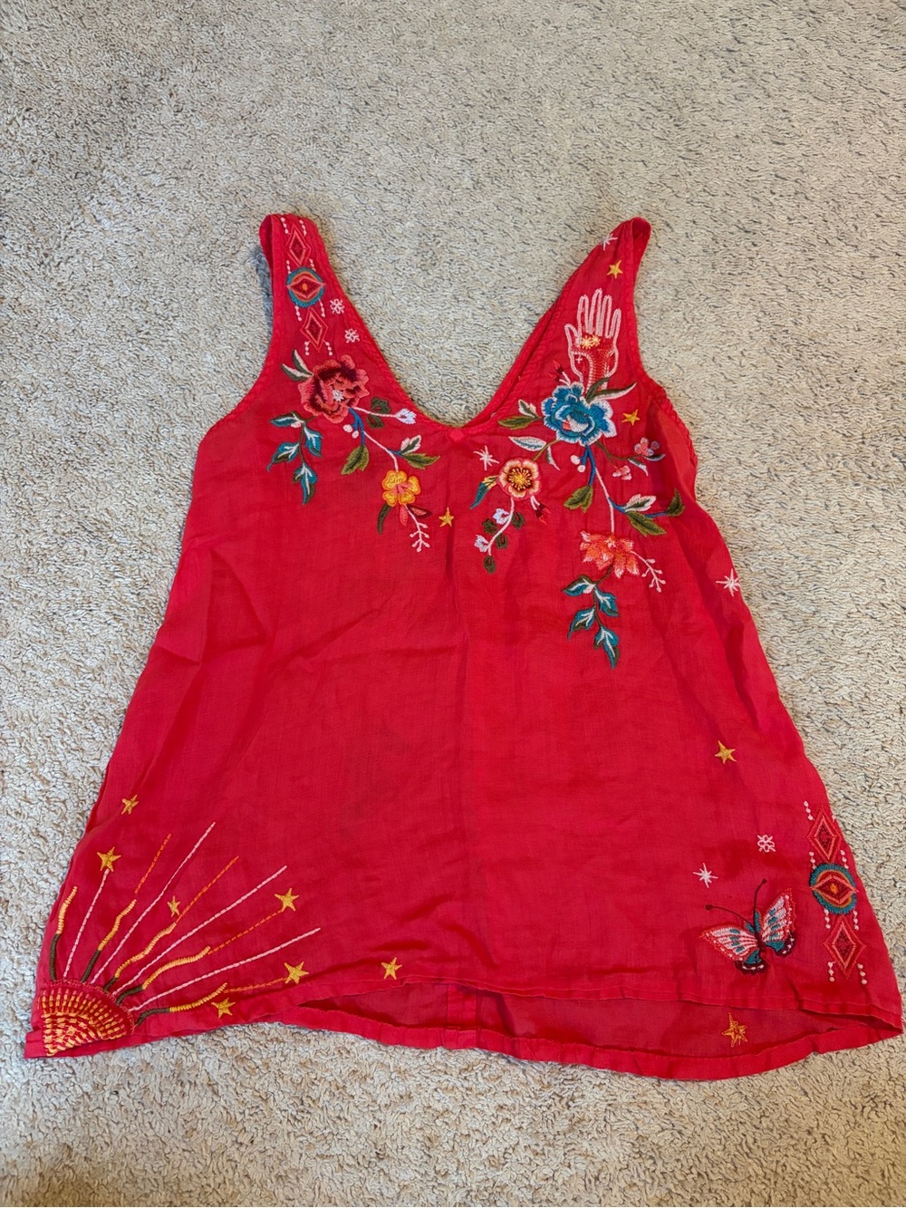 Johnny Was Workshop Pink Red Embroidered Tank Top Shirt Top Blouse Small Ramie